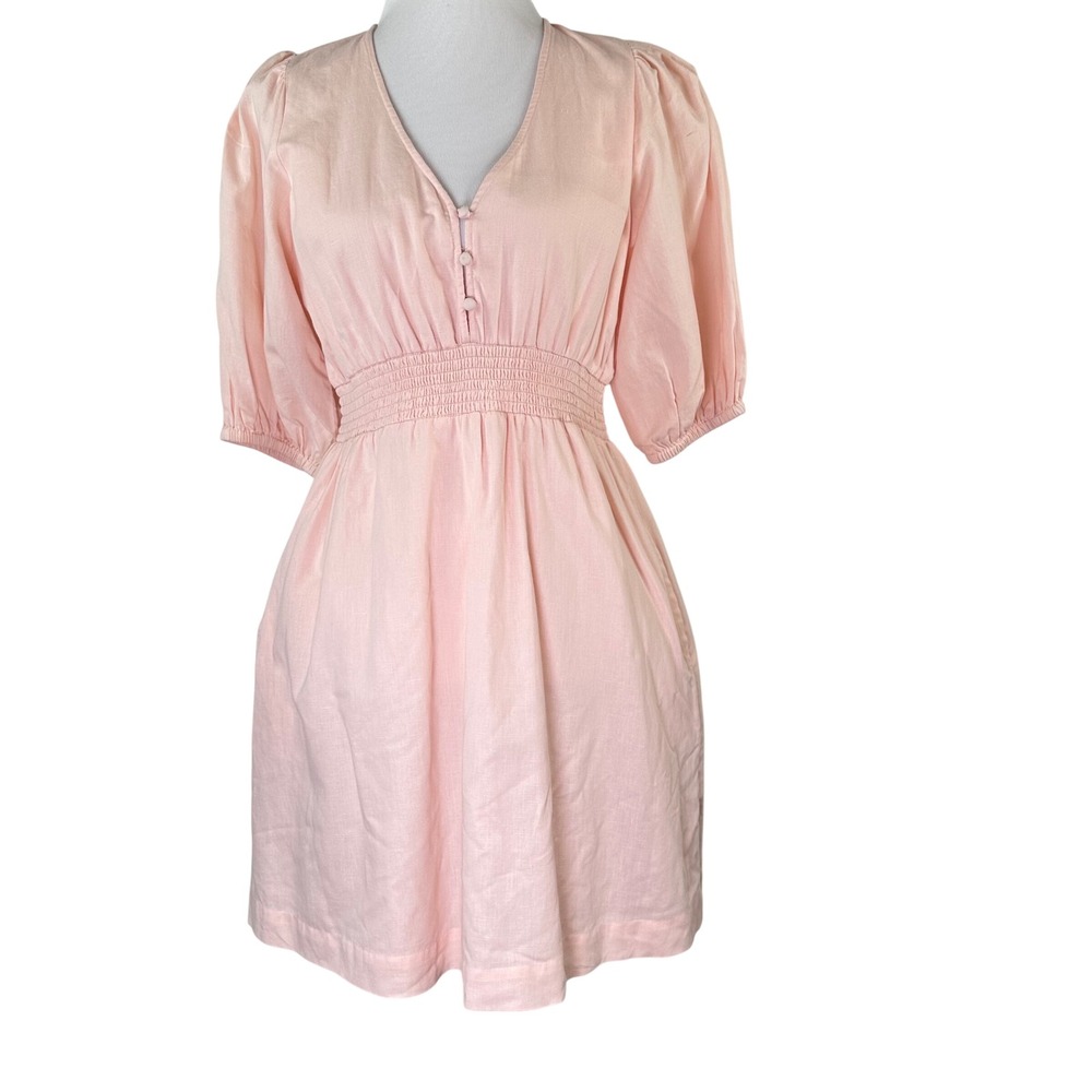 Boston Proper Pink‎ Linen Blend Puff Sleeve Smocked Mini Dress Pockets Womens S